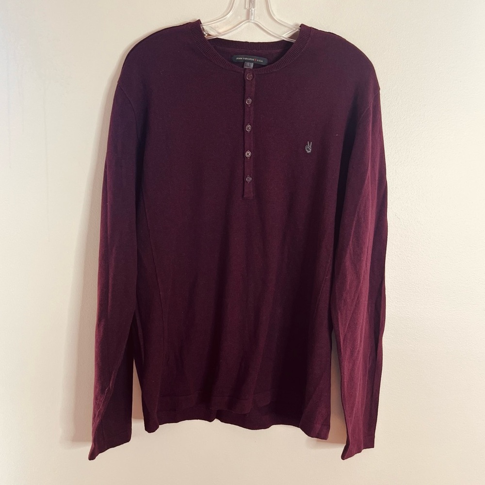 John Varvatos Size Large Henley Wool Blend Maroon Sweater Shirt